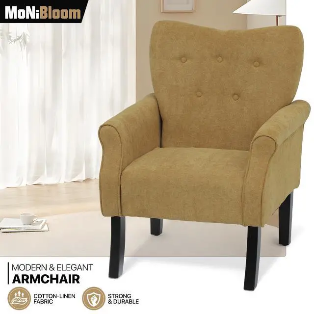 Alt view image 4 of 7 - Button Tufted Accent Chair, Upholstered Linen Armchair with High Back and Sturdy Wood Legs for Living Room Bedroom Small Space, Dark Yellow