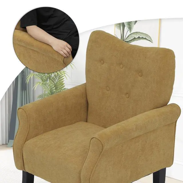 Alt view image 7 of 7 - Button Tufted Accent Chair, Upholstered Linen Armchair with High Back and Sturdy Wood Legs for Living Room Bedroom Small Space, Dark Yellow