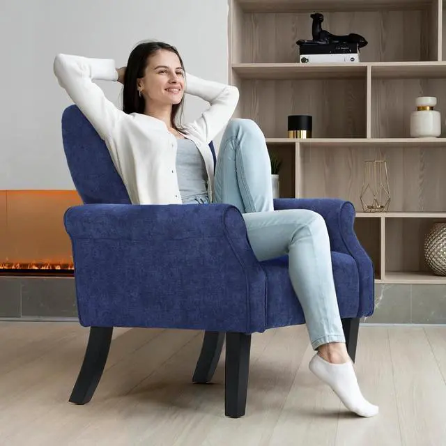 Alt view image 3 of 7 - Button Tufted Accent Chair, Upholstered Linen Armchair with High Back and Sturdy Wood Legs for Living Room Bedroom Small Space, Navy Blue