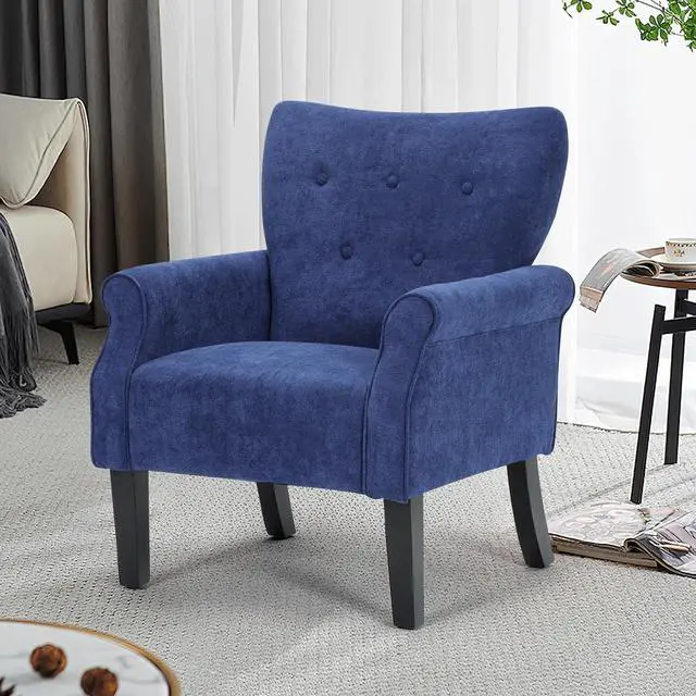 Main image of Button Tufted Accent Chair, Upholstered Linen Armchair with High Back and Sturdy Wood Legs for Living Room Bedroom Small Space, Navy Blue