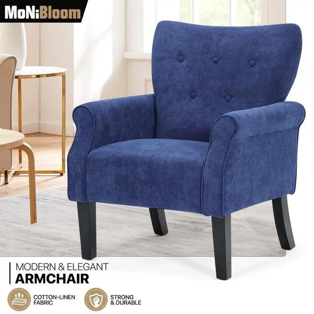 Alt view image 4 of 7 - Button Tufted Accent Chair, Upholstered Linen Armchair with High Back and Sturdy Wood Legs for Living Room Bedroom Small Space, Navy Blue