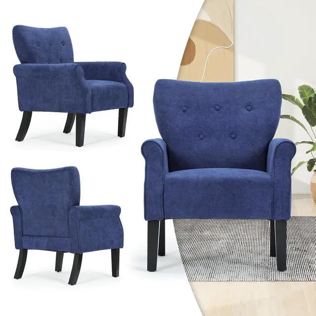 Alt view image 5 of 7 - Button Tufted Accent Chair, Upholstered Linen Armchair with High Back and Sturdy Wood Legs for Living Room Bedroom Small Space, Navy Blue