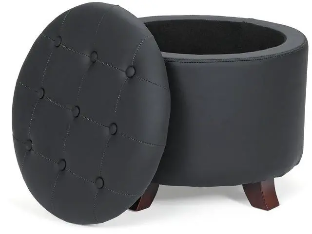 Main image of Round Ottoman with Storage, Small Foot Rest Stool with Legs, 20 Dia x 17 H Inches PU Leather Ottoman Chair for Living Room, Bedroom, Black