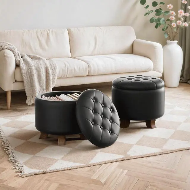 Alt view image 4 of 7 - Round Ottoman with Storage, Small Foot Rest Stool with Legs, 20 Dia x 17 H Inches PU Leather Ottoman Chair for Living Room, Bedroom, Black