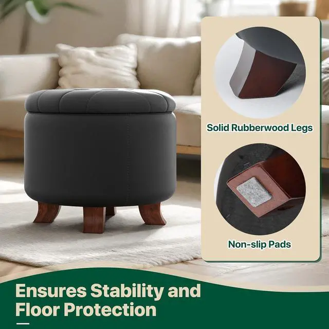 Alt view image 6 of 7 - Round Ottoman with Storage, Small Foot Rest Stool with Legs, 20 Dia x 17 H Inches PU Leather Ottoman Chair for Living Room, Bedroom, Black