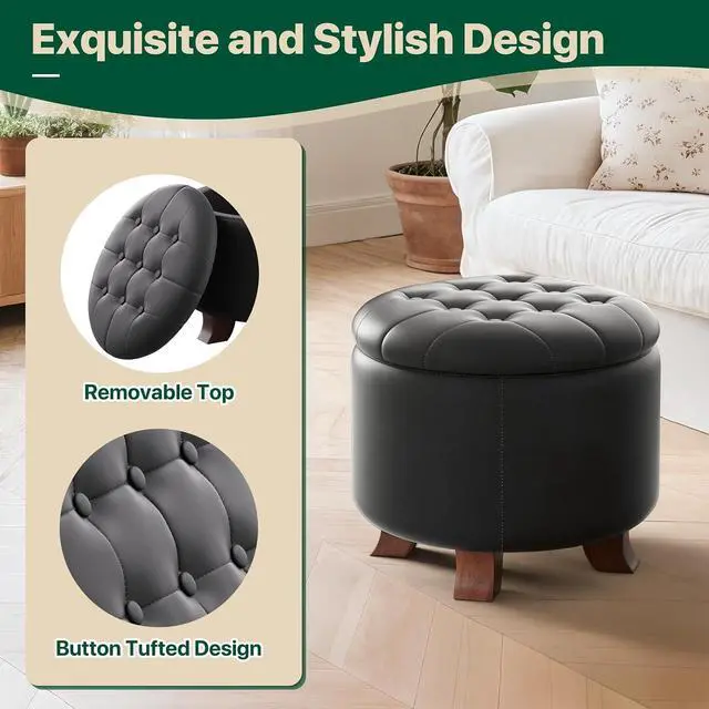 Alt view image 5 of 7 - Round Ottoman with Storage, Small Foot Rest Stool with Legs, 20 Dia x 17 H Inches PU Leather Ottoman Chair for Living Room, Bedroom, Black