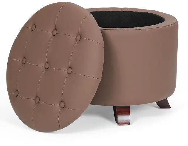 Main image of Round Ottoman with Storage, Small Foot Rest Stool with Legs, 20 Dia x 17 H Inches PU Leather Ottoman Chair for Living Room, Bedroom, Black