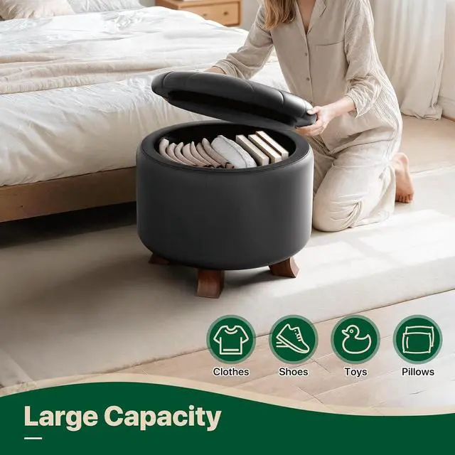 Alt view image 7 of 7 - Round Ottoman with Storage, Small Foot Rest Stool with Legs, 20 Dia x 17 H Inches PU Leather Ottoman Chair for Living Room, Bedroom, Black