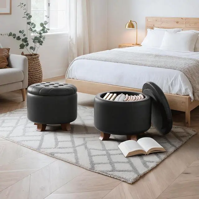 Alt view image 2 of 7 - Round Ottoman with Storage, Small Foot Rest Stool with Legs, 20 Dia x 17 H Inches PU Leather Ottoman Chair for Living Room, Bedroom, Black