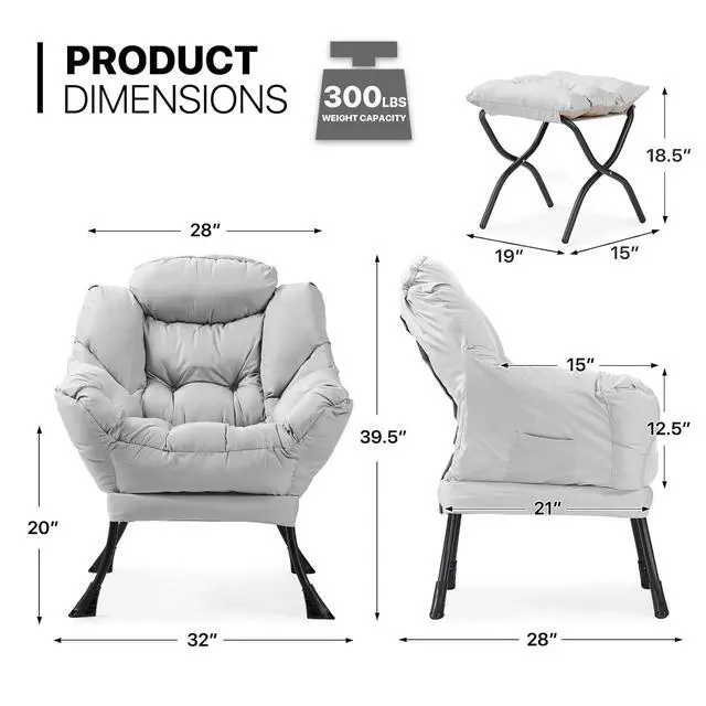 Alt view image 2 of 7 - Lazy Chair with Ottoman, Modern Accent Chair w/Armrests, Upholstered Lounge Sofa Chair and Folding Footstool Set for Bedroom, Living Room, Dorm Room, Gray