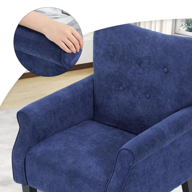 Alt view image 7 of 7 - Button Tufted Accent Chair, Upholstered Linen Armchair with High Back and Sturdy Wood Legs for Living Room Bedroom Small Space, Navy Blue