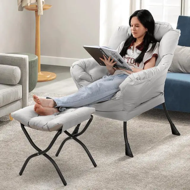 Alt view image 3 of 7 - Lazy Chair with Ottoman, Modern Accent Chair w/Armrests, Upholstered Lounge Sofa Chair and Folding Footstool Set for Bedroom, Living Room, Dorm Room, Gray
