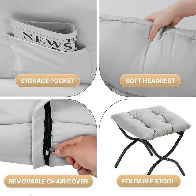 Alt view image 5 of 7 - Lazy Chair with Ottoman, Modern Accent Chair w/Armrests, Upholstered Lounge Sofa Chair and Folding Footstool Set for Bedroom, Living Room, Dorm Room, Gray
