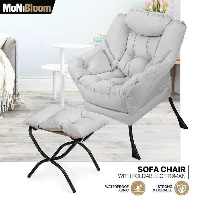 Alt view image 4 of 7 - Lazy Chair with Ottoman, Modern Accent Chair w/Armrests, Upholstered Lounge Sofa Chair and Folding Footstool Set for Bedroom, Living Room, Dorm Room, Gray