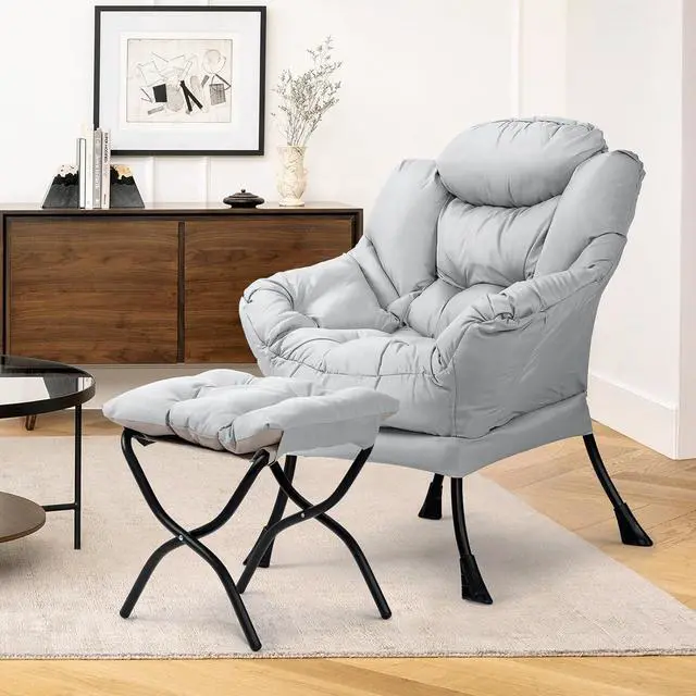 Main image of Lazy Chair with Ottoman, Modern Accent Chair w/Armrests, Upholstered Lounge Sofa Chair and Folding Footstool Set for Bedroom, Living Room, Dorm Room, Gray