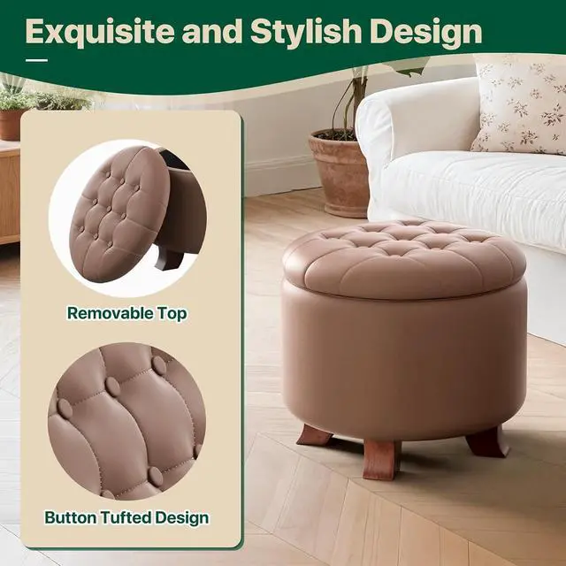 Alt view image 5 of 7 - Round Ottoman with Storage, Small Foot Rest Stool with Legs, 20 Dia x 17 H Inches PU Leather Ottoman Chair for Living Room, Bedroom, Black