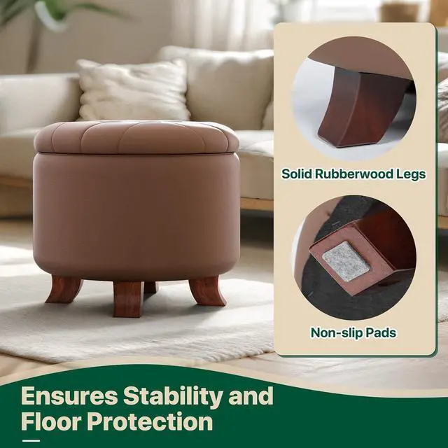 Alt view image 6 of 7 - Round Ottoman with Storage, Small Foot Rest Stool with Legs, 20 Dia x 17 H Inches PU Leather Ottoman Chair for Living Room, Bedroom, Black