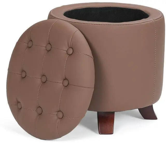 Main image of Round Ottoman with Storage, Small Foot Rest Stool with Legs, 15.5 Dia. x 17 H Inches PU Leather Ottoman Chair for Living Room, Bedroom, Black