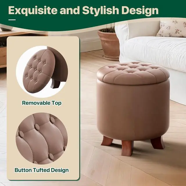 Alt view image 5 of 7 - Round Ottoman with Storage, Small Foot Rest Stool with Legs, 15.5 Dia. x 17 H Inches PU Leather Ottoman Chair for Living Room, Bedroom, Black