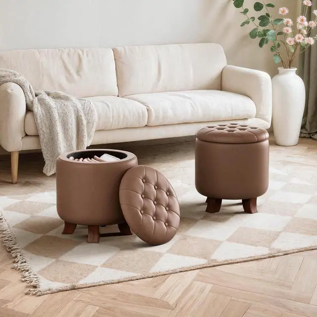 Alt view image 4 of 7 - Round Ottoman with Storage, Small Foot Rest Stool with Legs, 15.5 Dia. x 17 H Inches PU Leather Ottoman Chair for Living Room, Bedroom, Black