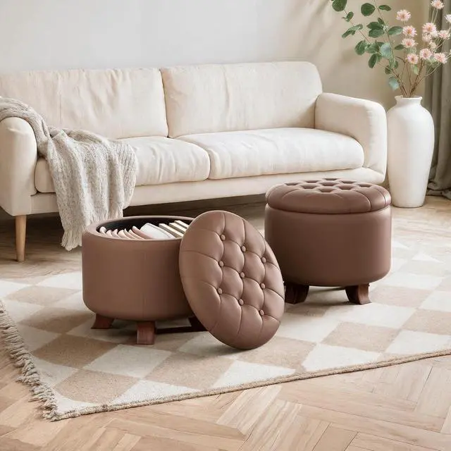 Alt view image 4 of 7 - Round Ottoman with Storage, Small Foot Rest Stool with Legs, 20 Dia x 17 H Inches PU Leather Ottoman Chair for Living Room, Bedroom, Black