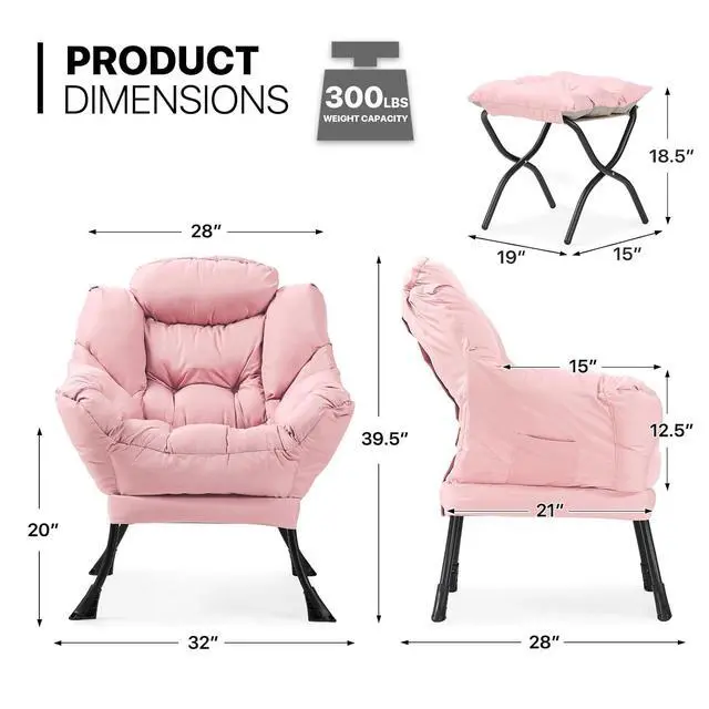 Alt view image 2 of 7 - Lazy Chair with Ottoman, Modern Accent Chair w/Armrests, Upholstered Lounge Sofa Chair and Folding Footstool Set for Bedroom, Living Room, Dorm Room, Pink