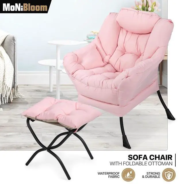 Alt view image 4 of 7 - Lazy Chair with Ottoman, Modern Accent Chair w/Armrests, Upholstered Lounge Sofa Chair and Folding Footstool Set for Bedroom, Living Room, Dorm Room, Pink