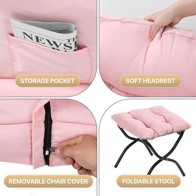 Alt view image 5 of 7 - Lazy Chair with Ottoman, Modern Accent Chair w/Armrests, Upholstered Lounge Sofa Chair and Folding Footstool Set for Bedroom, Living Room, Dorm Room, Pink