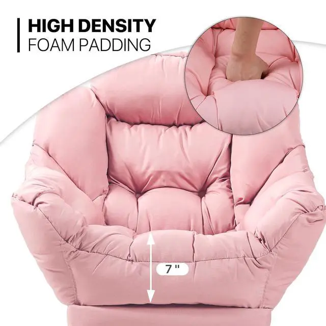 Alt view image 6 of 7 - Lazy Chair with Ottoman, Modern Accent Chair w/Armrests, Upholstered Lounge Sofa Chair and Folding Footstool Set for Bedroom, Living Room, Dorm Room, Pink