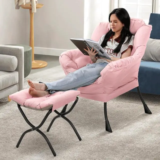 Alt view image 3 of 7 - Lazy Chair with Ottoman, Modern Accent Chair w/Armrests, Upholstered Lounge Sofa Chair and Folding Footstool Set for Bedroom, Living Room, Dorm Room, Pink