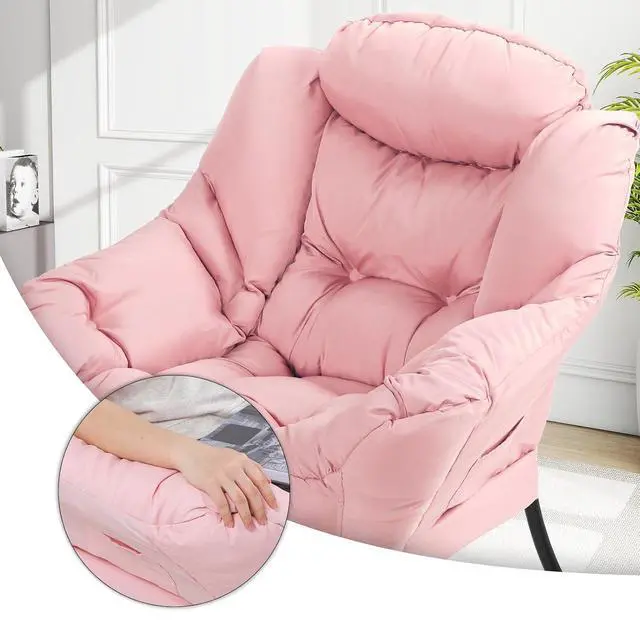 Alt view image 7 of 7 - Lazy Chair with Ottoman, Modern Accent Chair w/Armrests, Upholstered Lounge Sofa Chair and Folding Footstool Set for Bedroom, Living Room, Dorm Room, Pink