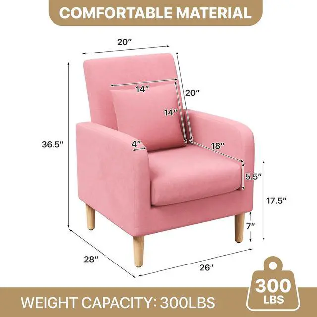 Alt view image 2 of 7 - Accent Chair with Back Pillow, Upholstered Club Arm Chair, Modern Living Room Chair with Wooden Legs for Bedroom Corner, Living Room, Reading Nook, Pink