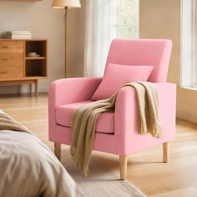 Alt view image 4 of 7 - Accent Chair with Back Pillow, Upholstered Club Arm Chair, Modern Living Room Chair with Wooden Legs for Bedroom Corner, Living Room, Reading Nook, Pink