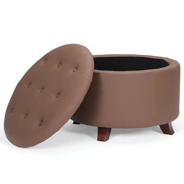 Main image of Round Ottoman with Storage, Large Foot Rest Stool with Legs, 24.5 Dia. x 17 H Inches PU Leather Ottoman Chair for Living Room, Bedroom, White
