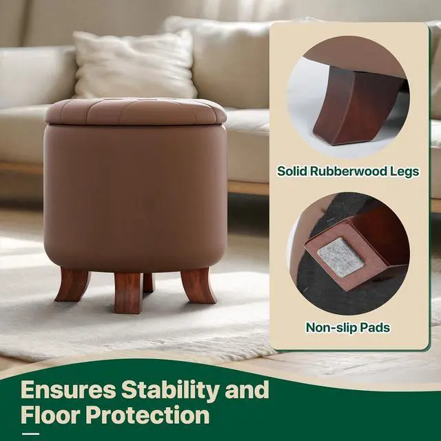Alt view image 6 of 7 - Round Ottoman with Storage, Small Foot Rest Stool with Legs, 15.5 Dia. x 17 H Inches PU Leather Ottoman Chair for Living Room, Bedroom, Black
