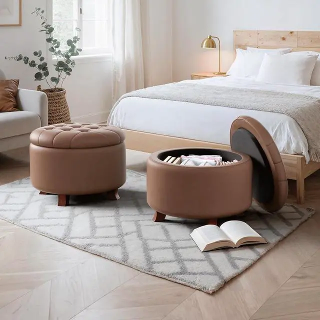 Alt view image 2 of 7 - Round Ottoman with Storage, Large Foot Rest Stool with Legs, 24.5 Dia. x 17 H Inches PU Leather Ottoman Chair for Living Room, Bedroom, White