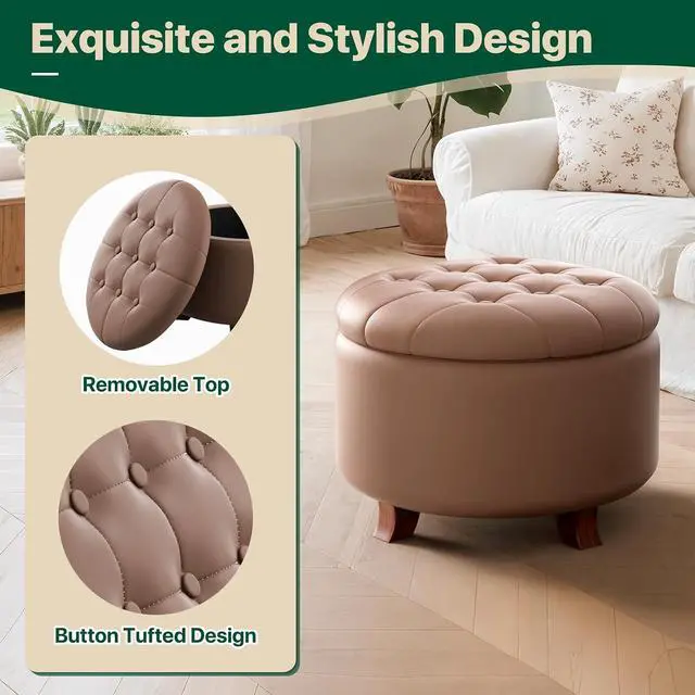 Alt view image 5 of 7 - Round Ottoman with Storage, Large Foot Rest Stool with Legs, 24.5 Dia. x 17 H Inches PU Leather Ottoman Chair for Living Room, Bedroom, White