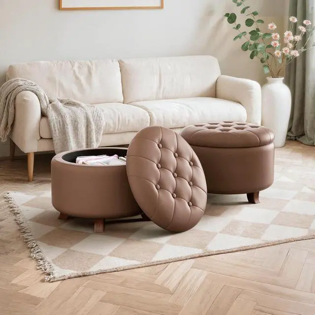Alt view image 4 of 7 - Round Ottoman with Storage, Large Foot Rest Stool with Legs, 24.5 Dia. x 17 H Inches PU Leather Ottoman Chair for Living Room, Bedroom, White