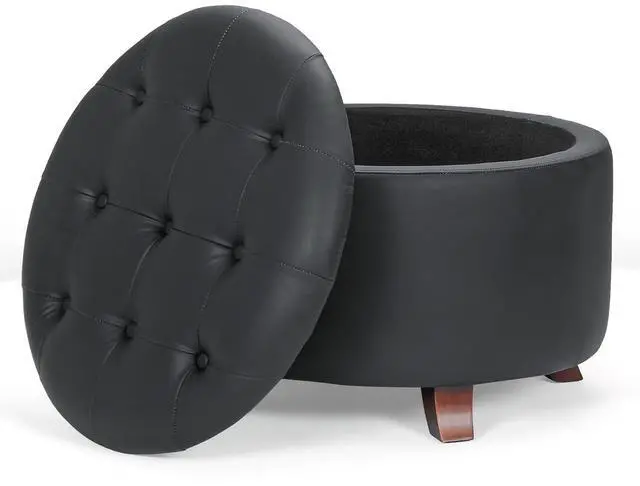 Main image of Round Ottoman with Storage, Large Foot Rest Stool with Legs, 24.5 Dia. x 17 H Inches PU Leather Ottoman Chair for Living Room, Bedroom, White