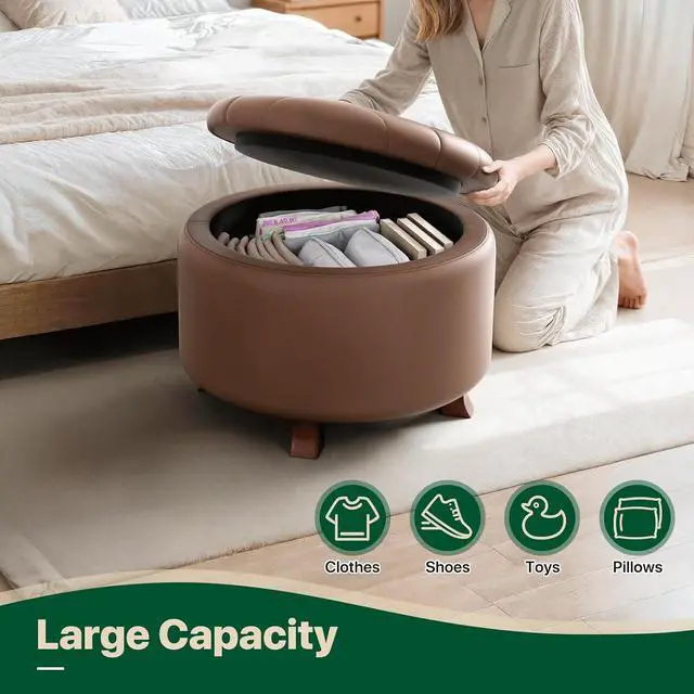 Alt view image 7 of 7 - Round Ottoman with Storage, Large Foot Rest Stool with Legs, 24.5 Dia. x 17 H Inches PU Leather Ottoman Chair for Living Room, Bedroom, White