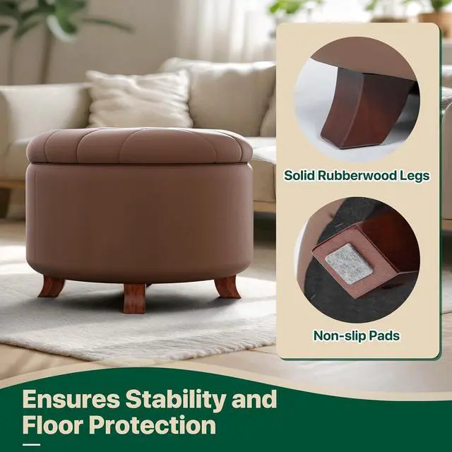 Alt view image 6 of 7 - Round Ottoman with Storage, Large Foot Rest Stool with Legs, 24.5 Dia. x 17 H Inches PU Leather Ottoman Chair for Living Room, Bedroom, White