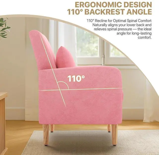 Alt view image 6 of 7 - Accent Chair with Back Pillow, Upholstered Club Arm Chair, Modern Living Room Chair with Wooden Legs for Bedroom Corner, Living Room, Reading Nook, Pink