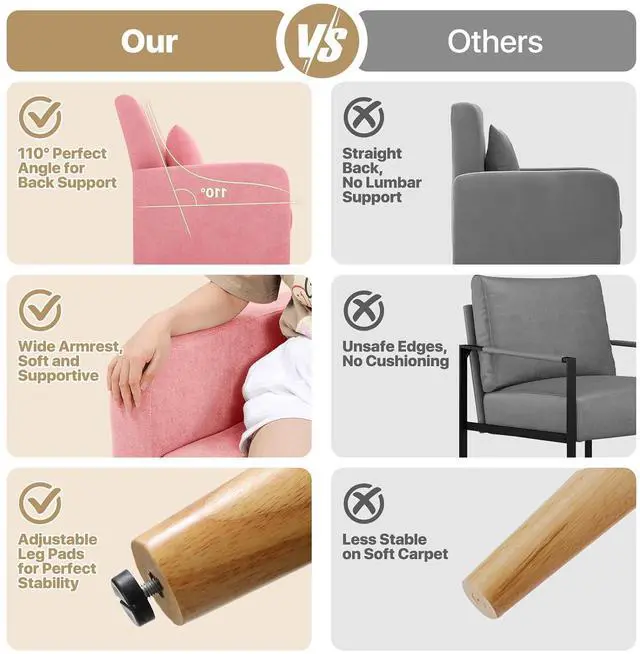 Alt view image 7 of 7 - Accent Chair with Back Pillow, Upholstered Club Arm Chair, Modern Living Room Chair with Wooden Legs for Bedroom Corner, Living Room, Reading Nook, Pink