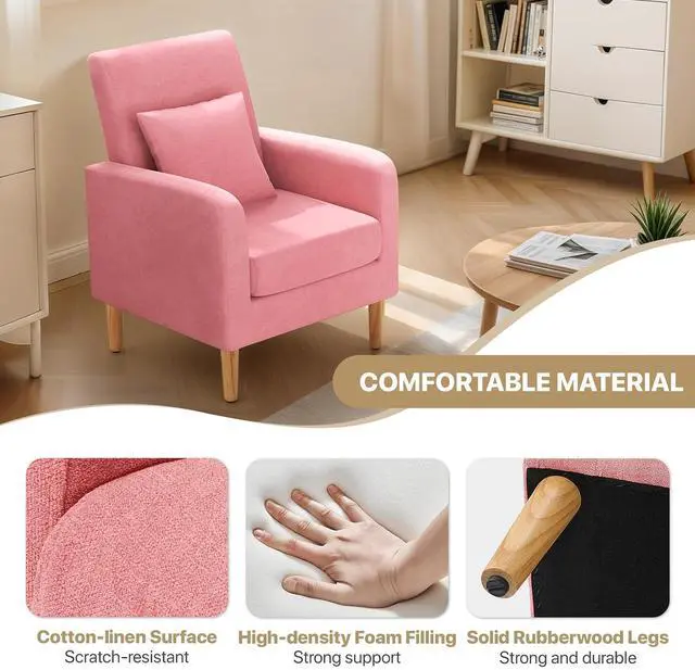 Alt view image 5 of 7 - Accent Chair with Back Pillow, Upholstered Club Arm Chair, Modern Living Room Chair with Wooden Legs for Bedroom Corner, Living Room, Reading Nook, Pink