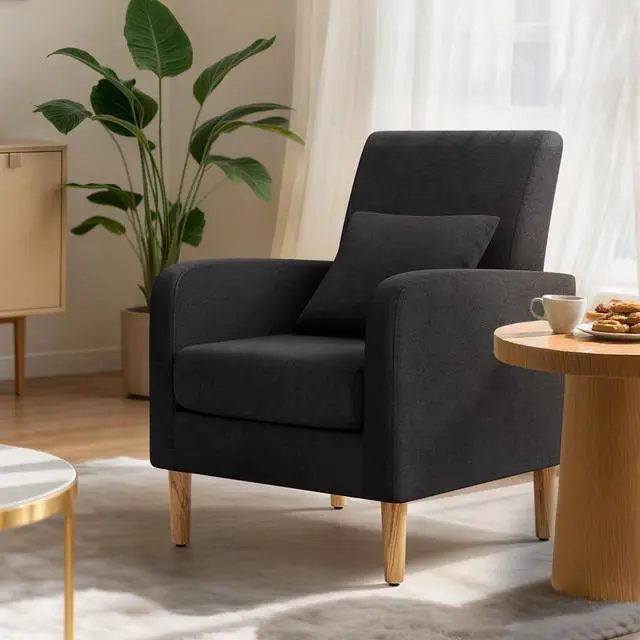 Main image of Accent Chair with Back Pillow, Upholstered Club Arm Chair, Modern Living Room Chair with Wooden Legs for Bedroom Corner, Living Room, Reading Nook, Black