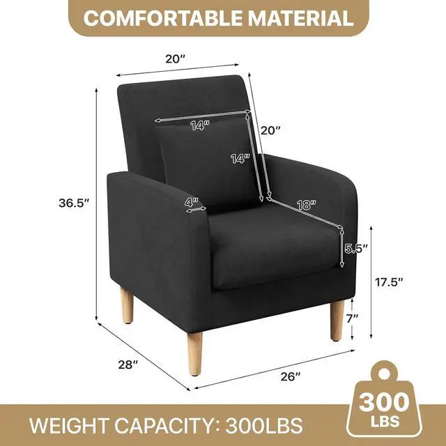 Alt view image 2 of 7 - Accent Chair with Back Pillow, Upholstered Club Arm Chair, Modern Living Room Chair with Wooden Legs for Bedroom Corner, Living Room, Reading Nook, Black