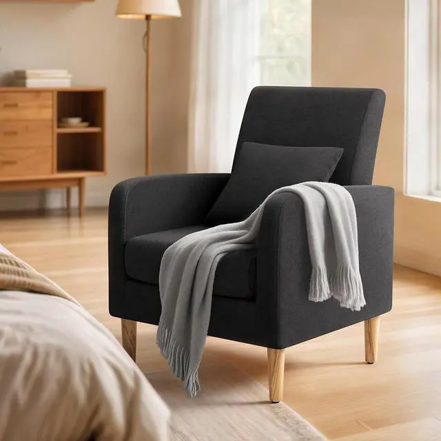 Alt view image 4 of 7 - Accent Chair with Back Pillow, Upholstered Club Arm Chair, Modern Living Room Chair with Wooden Legs for Bedroom Corner, Living Room, Reading Nook, Black