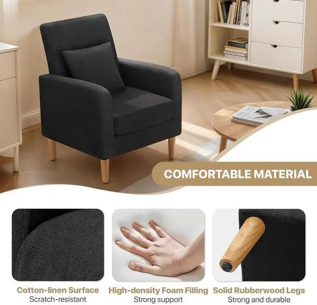 Alt view image 5 of 7 - Accent Chair with Back Pillow, Upholstered Club Arm Chair, Modern Living Room Chair with Wooden Legs for Bedroom Corner, Living Room, Reading Nook, Black