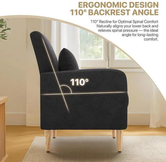 Alt view image 6 of 7 - Accent Chair with Back Pillow, Upholstered Club Arm Chair, Modern Living Room Chair with Wooden Legs for Bedroom Corner, Living Room, Reading Nook, Black