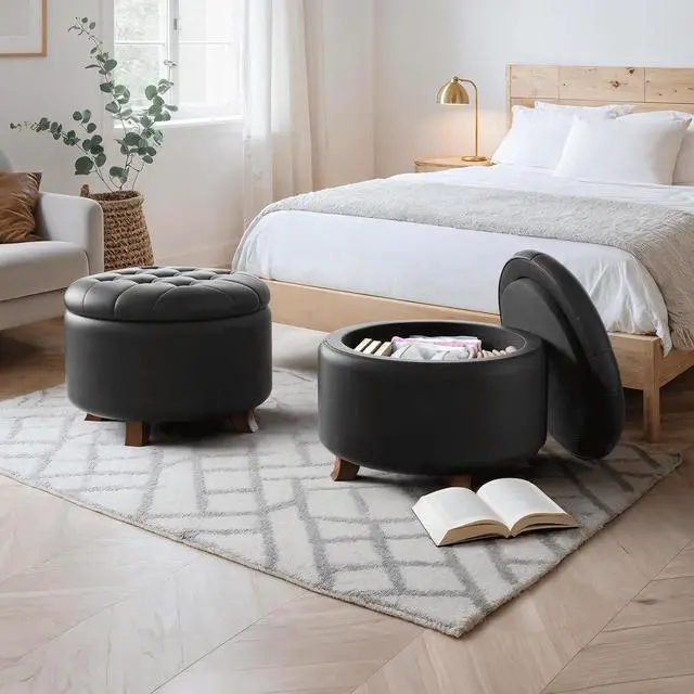 Alt view image 2 of 7 - Round Ottoman with Storage, Large Foot Rest Stool with Legs, 24.5 Dia. x 17 H Inches PU Leather Ottoman Chair for Living Room, Bedroom, White